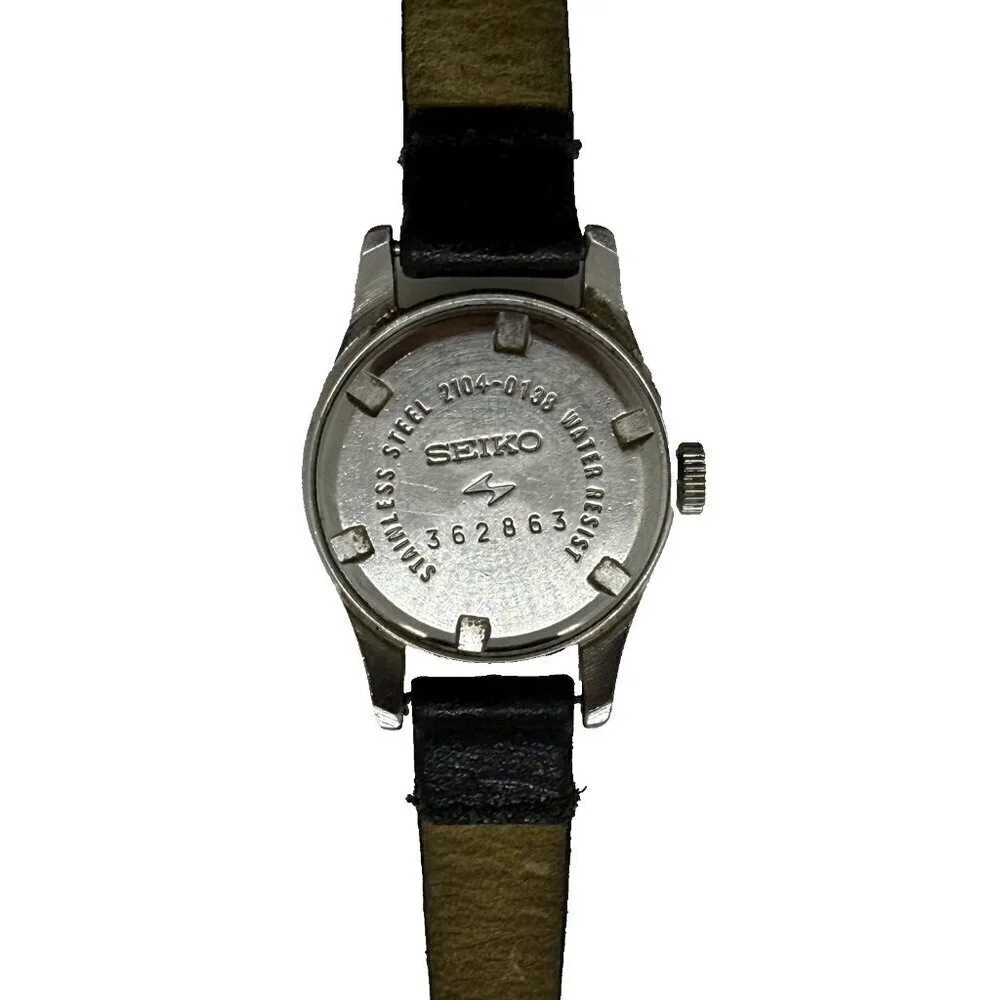 Vtg Seiko 2104-0138 Manual Wind 17Jewels Stainless Steel Womens Watch Black Band